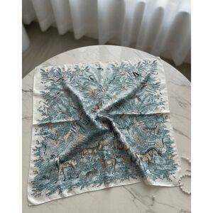 Jim Thompson Silk Scarf 32x32 Animal Print Cream Blue Green Jungle Safari Fauna